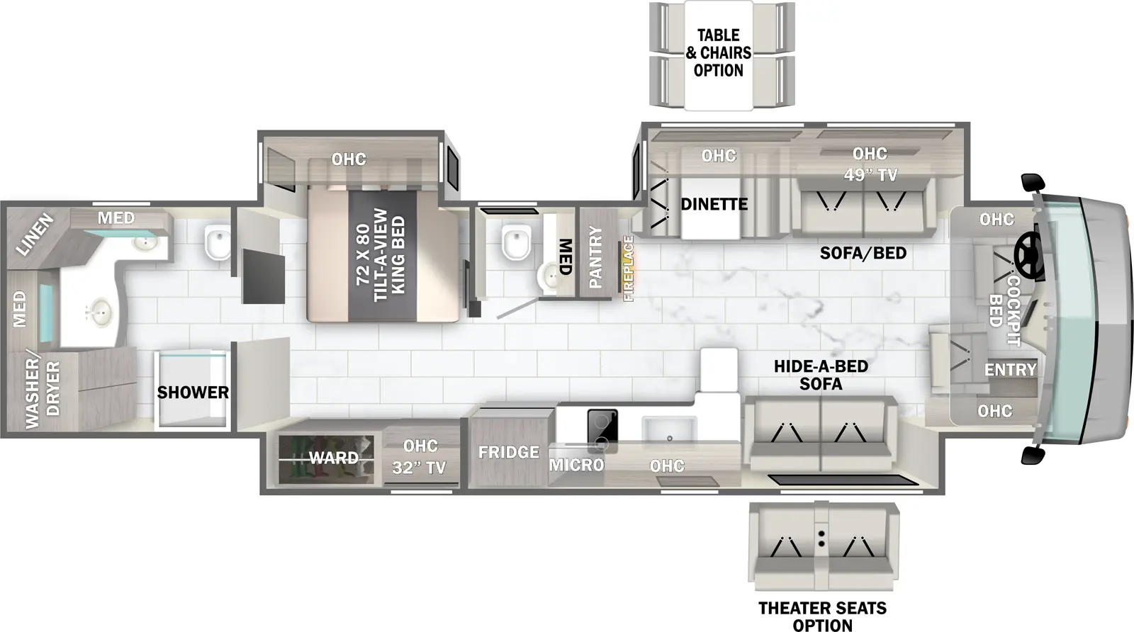 The Berkshire XL 40H floorplan has one entry and three slide outs. Exterior features include: 18' & 56" Door Awning awning. Interiors features include: free-standing dinette option, rear bathroom, bathroom and a half, bunk over cab and dinette.